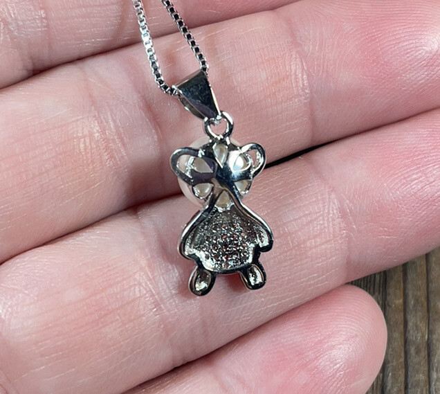 Teddy Bear Necklace Pendant Marked S925 Cream Pearl Crystal Rhinestones Silver