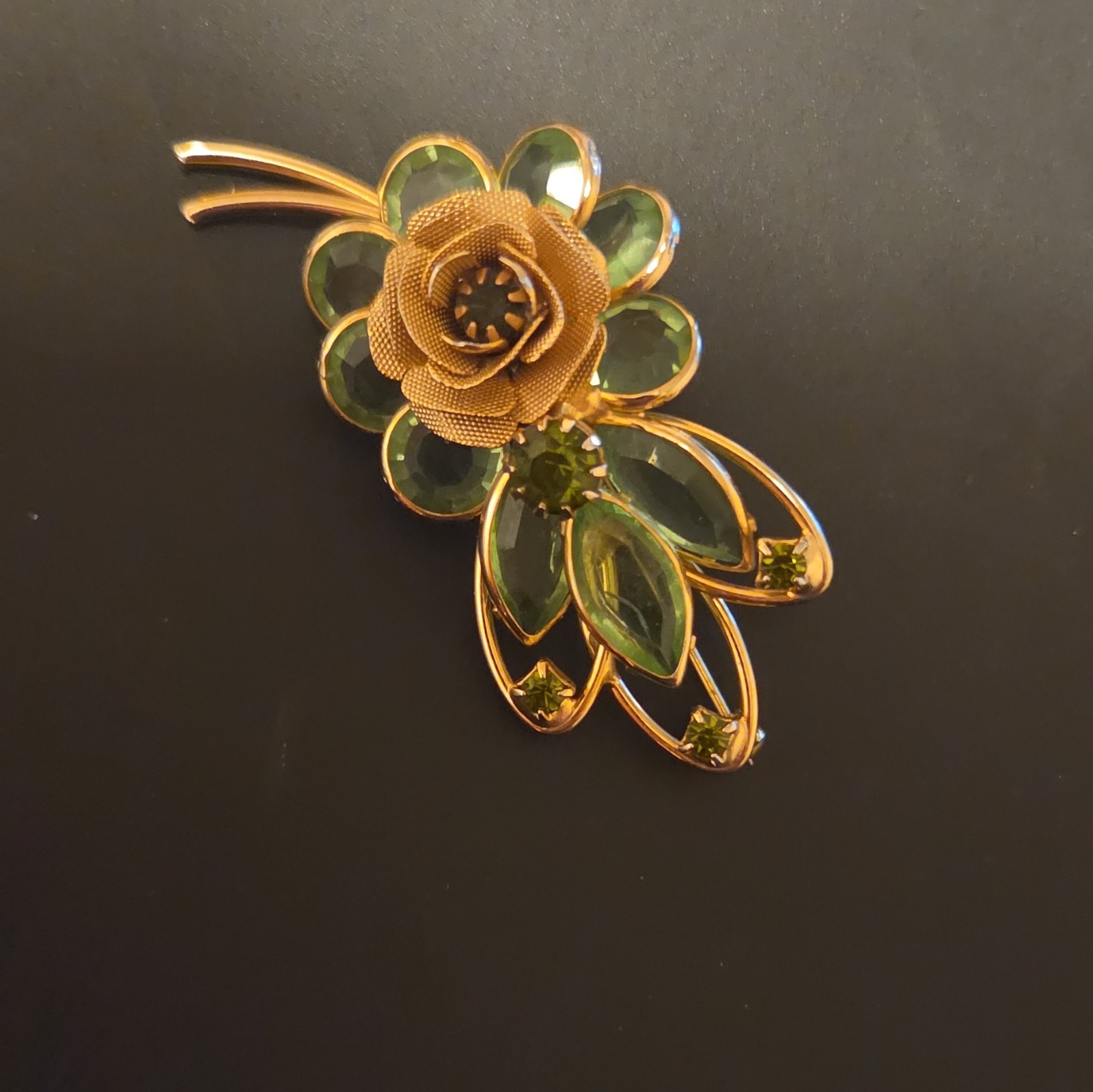 1950 Vintage Signed Hobe Floral Brooch Pin , Green Art Glass Wire Rose