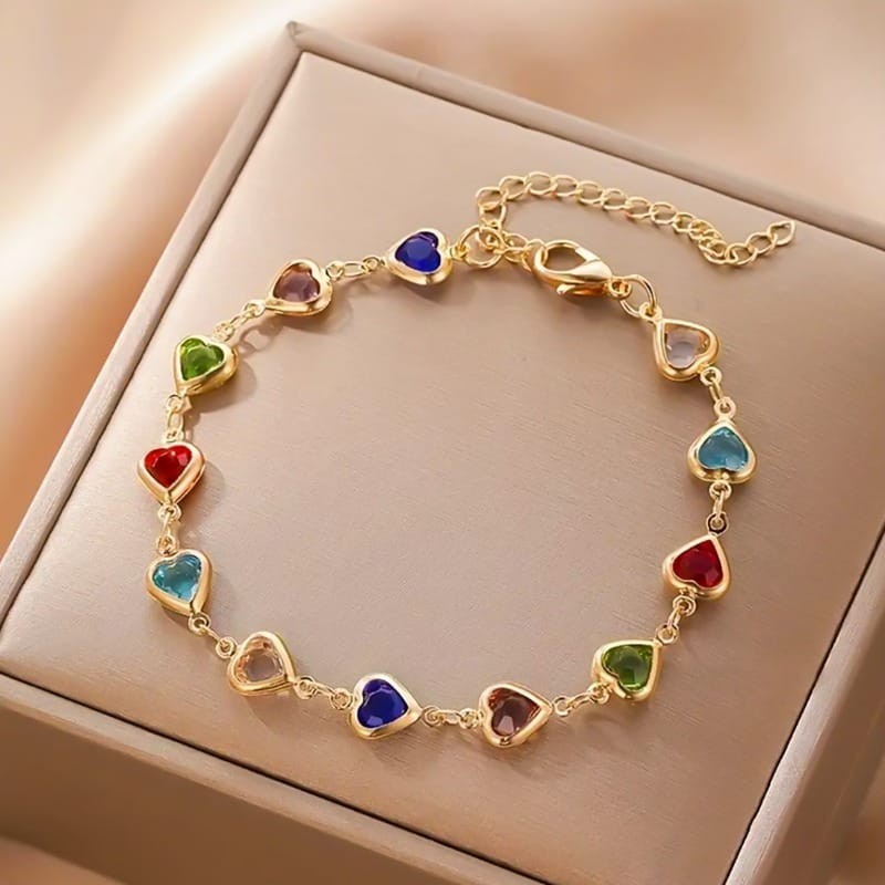 Colorful Heart Charm Bracelet Adjustable Stainless Steel Gold Tone Silver Tone