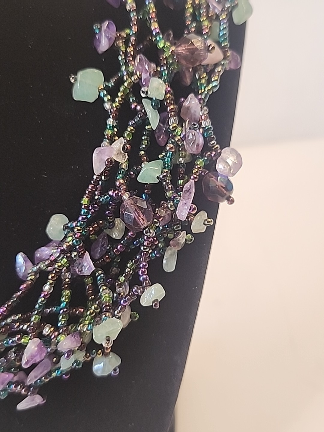 Multi-strand Semi-precious Stone Chips & Glass Seed Bead Statement Necklace 19″