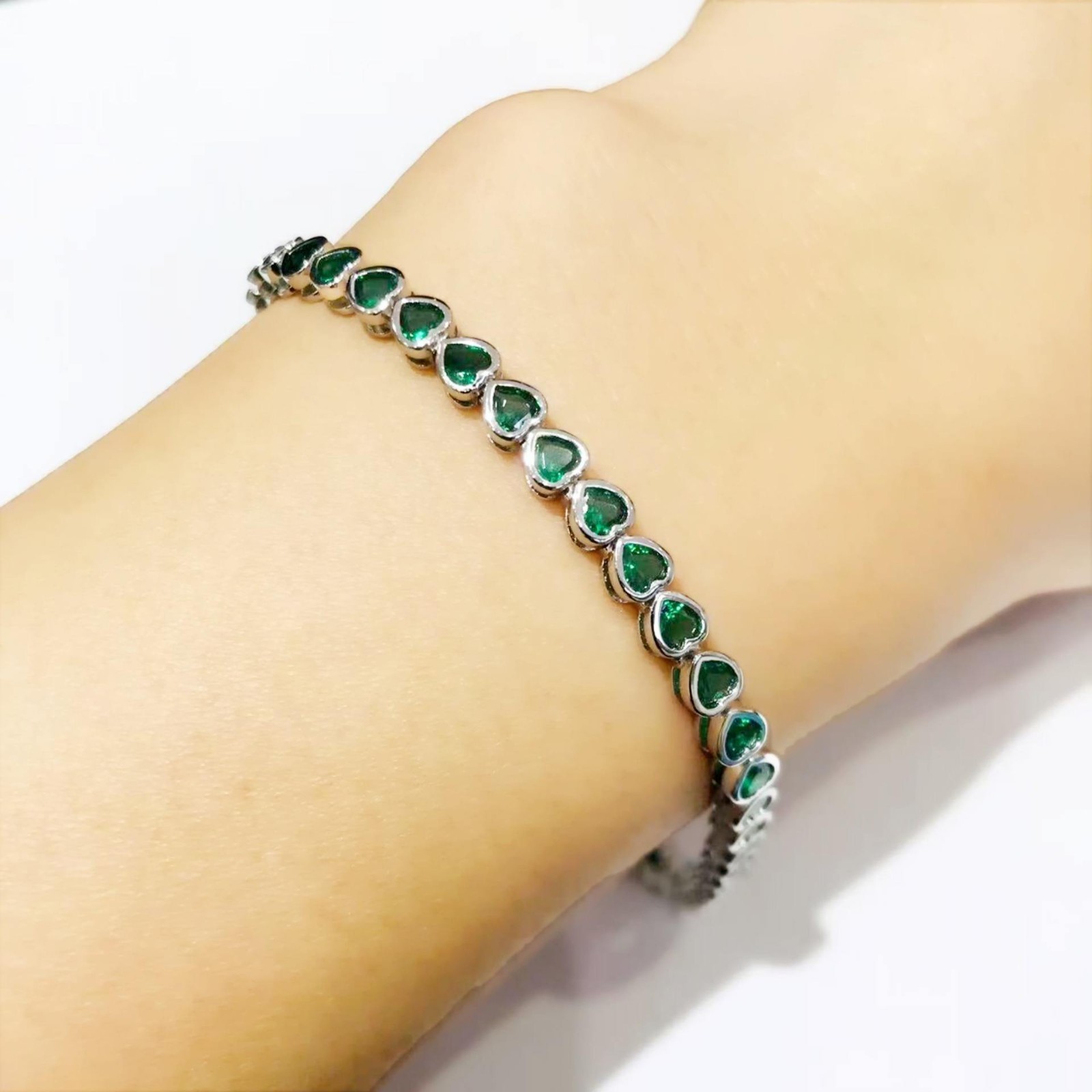 Green Heart Cut Tennis Bracelet Silver Tone Emerald Crystal Link Bracelet Women