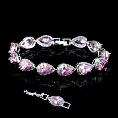18k White Gold Plated Lab Pink Sapphire Gemstone Tennis Bracelet Women’s Jewelry