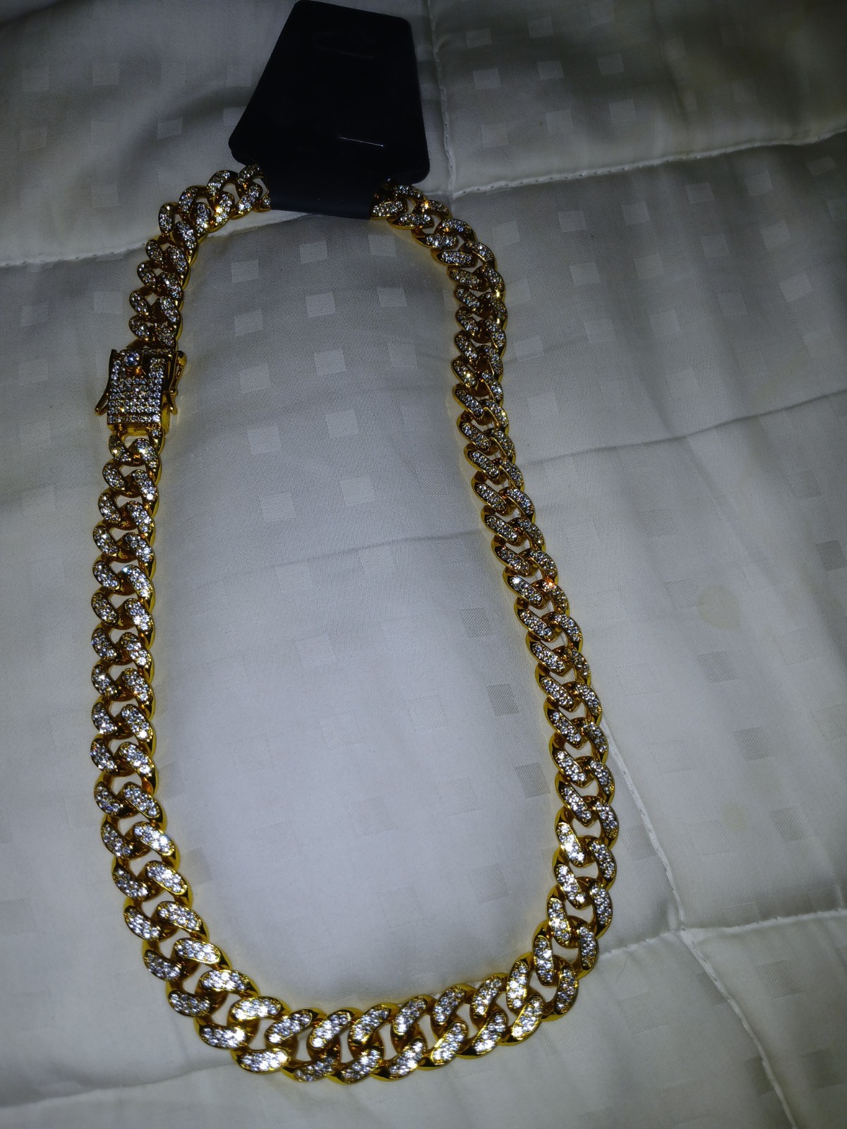Gold Tone Metal Cuban Link Chain Necklace White Round Rhinestone, Box Clasp