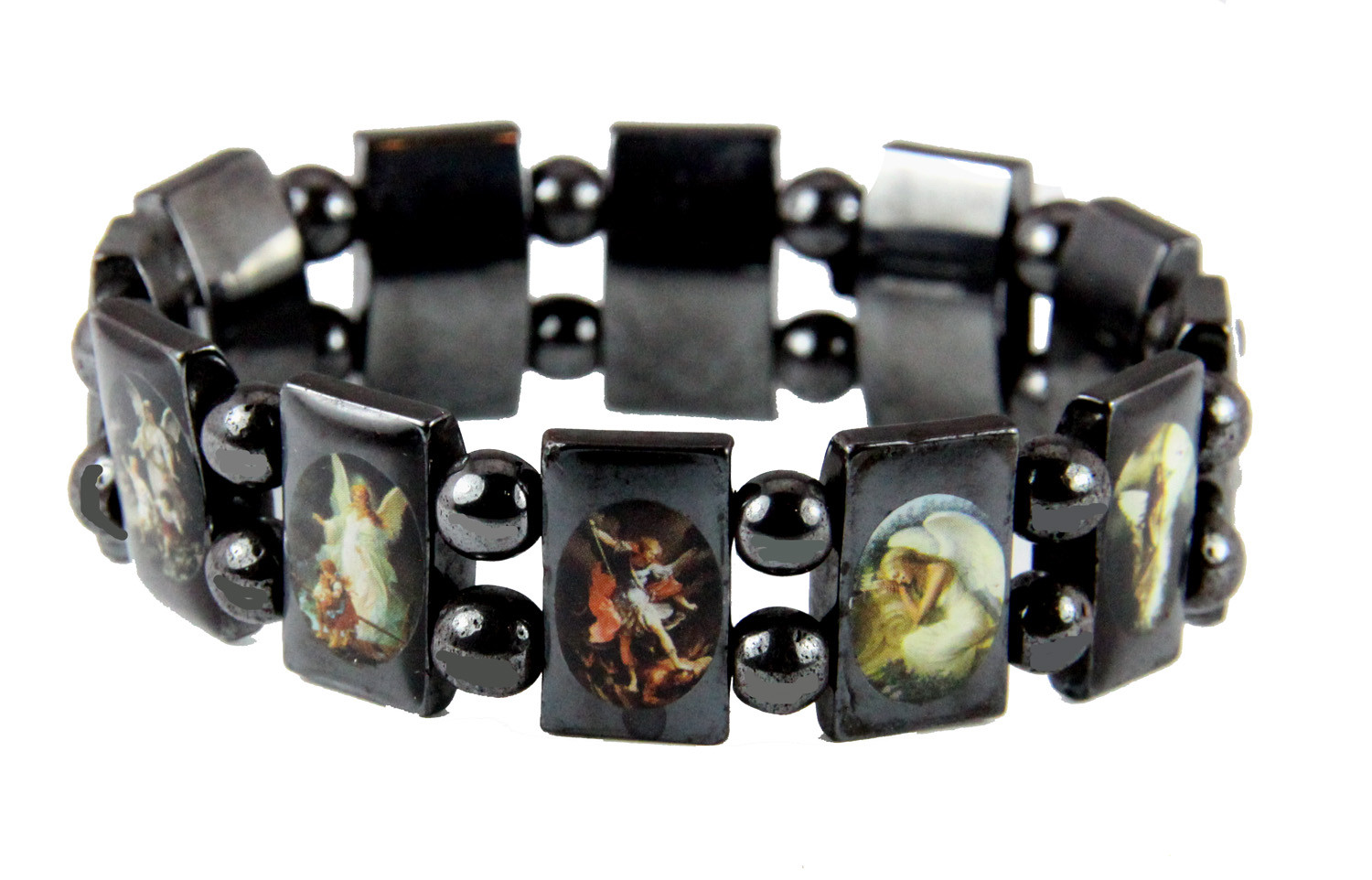 4030165 Saints Angels Black Hematite Bracelet with Beads Stretch Jesus