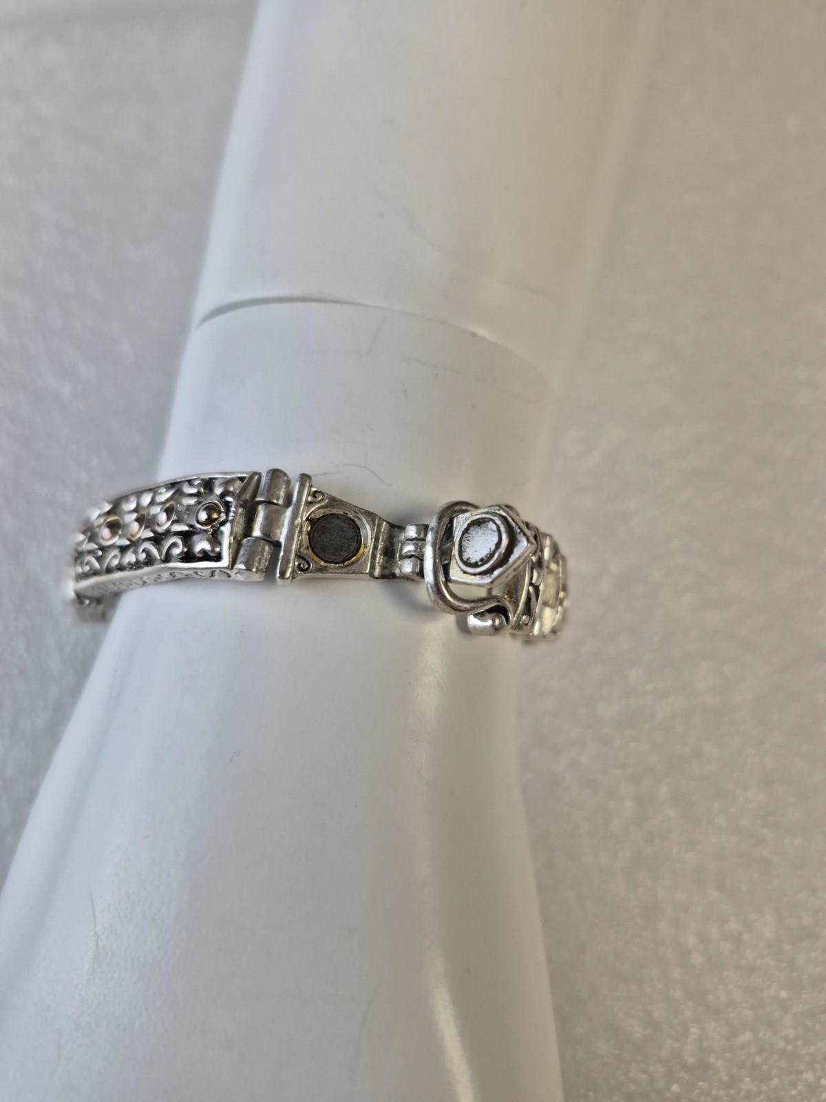 Silver Tone Filigree Magnetic Closure Bracelet Vintage Ornate Metal Jewelry