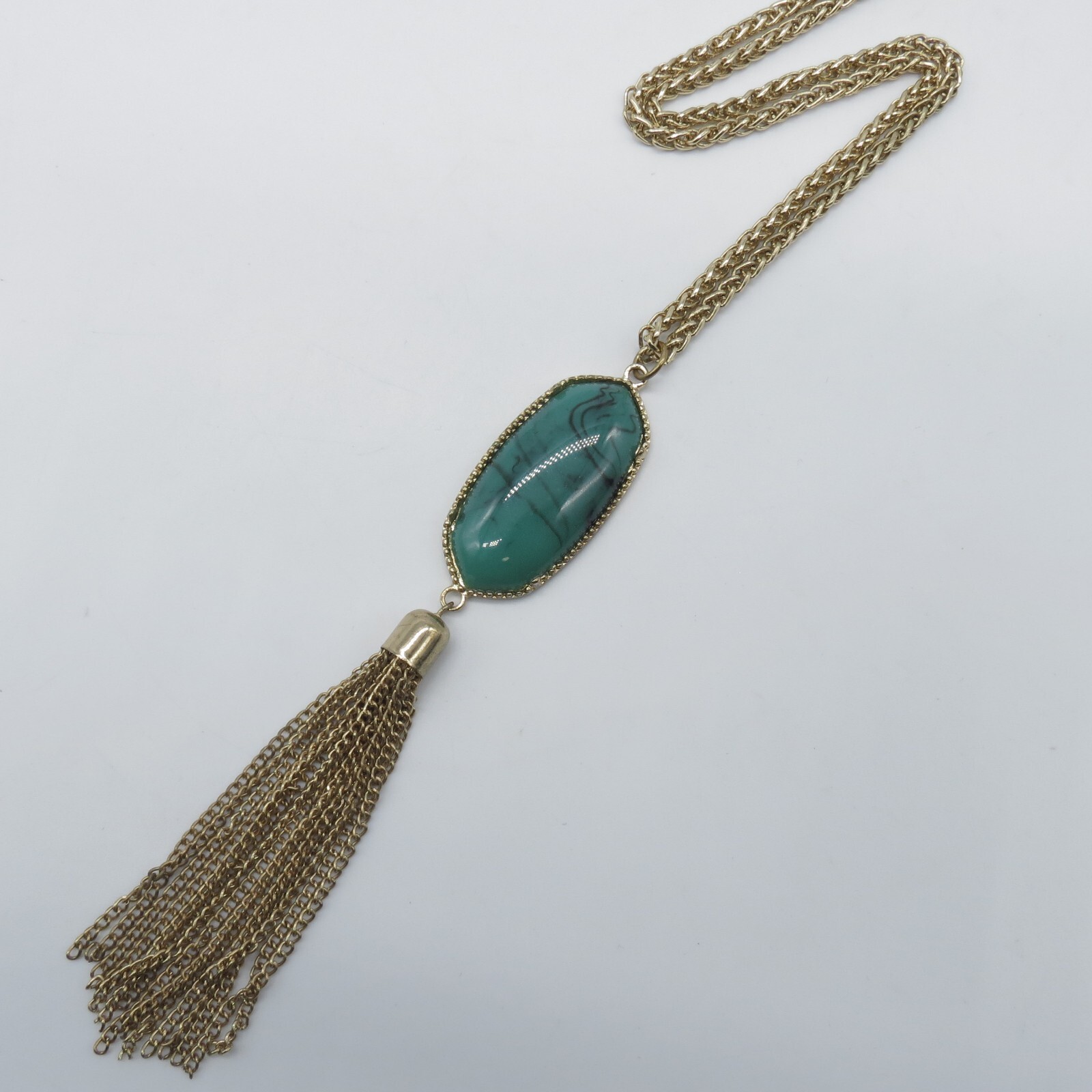 Green Hard Resin Cabochon Fringe Y Drop Necklace Gold Tone Long Wheat Chain 24″