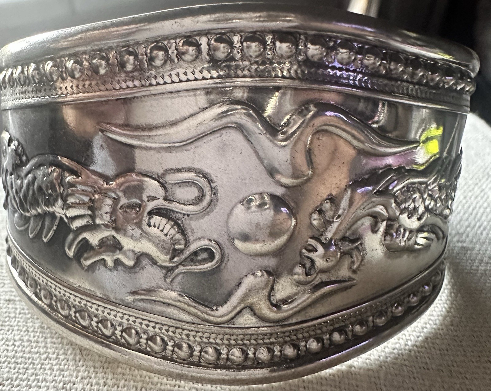 Wide Silver Tone Dragon Cuff Bracelet Asian Inspired Statement 1.5”