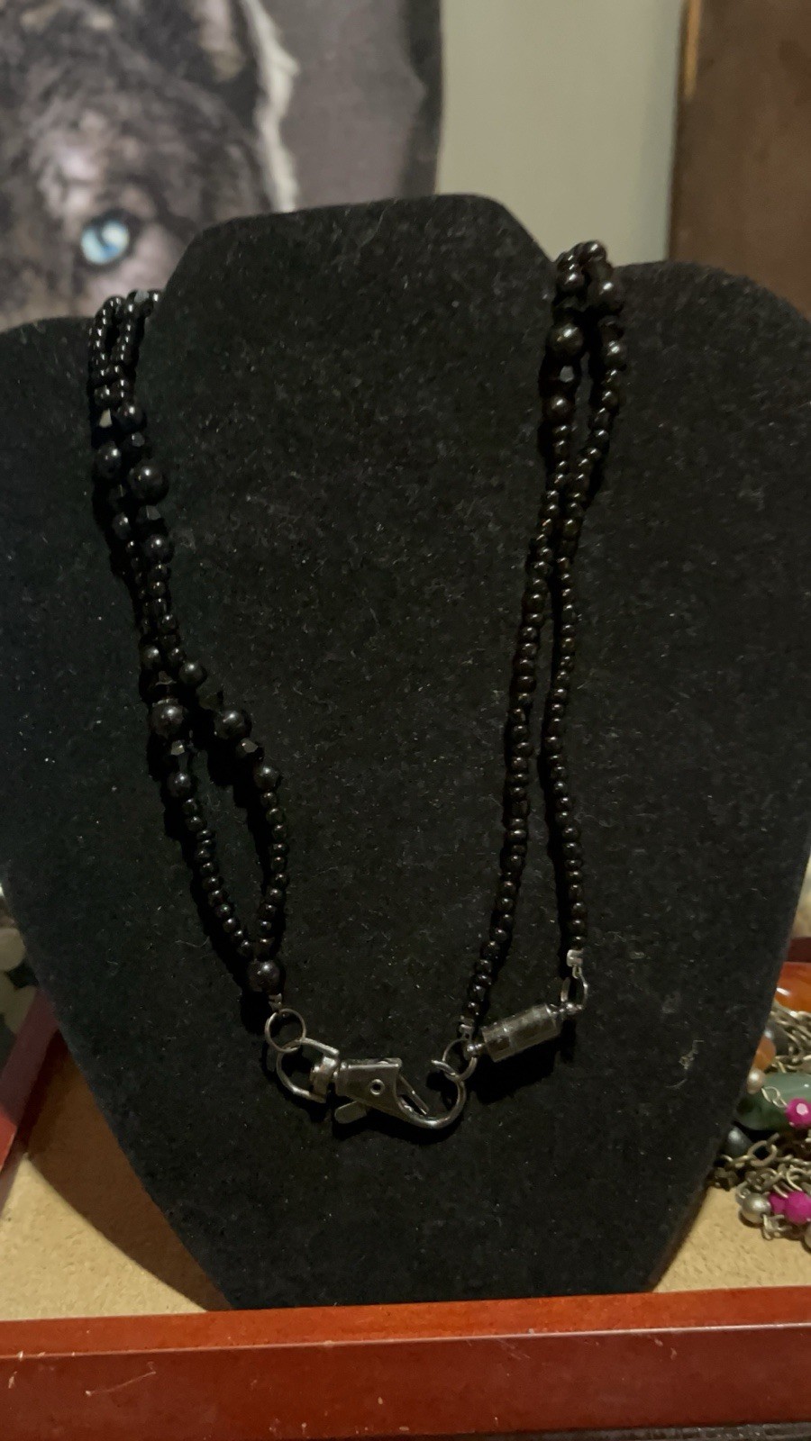 Black Beaded Glass & Metal Ball/Bead Chain Necklace Lobster Clasp