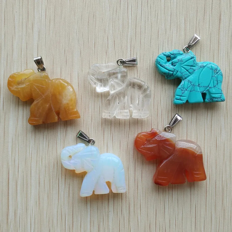 Mixed Natural Stone Carved Elephant Charms Jewelry Making Pendants 10pcs/lot