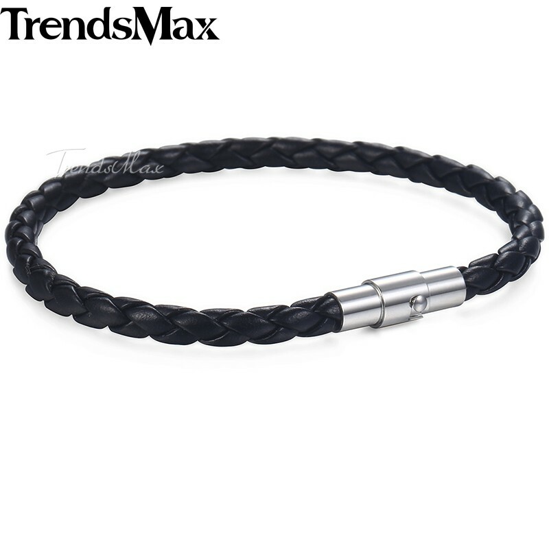 4/6/8mm Black Braided Cord Rope Man-made Leather Bracelet Magnetic Clasp 8-10″