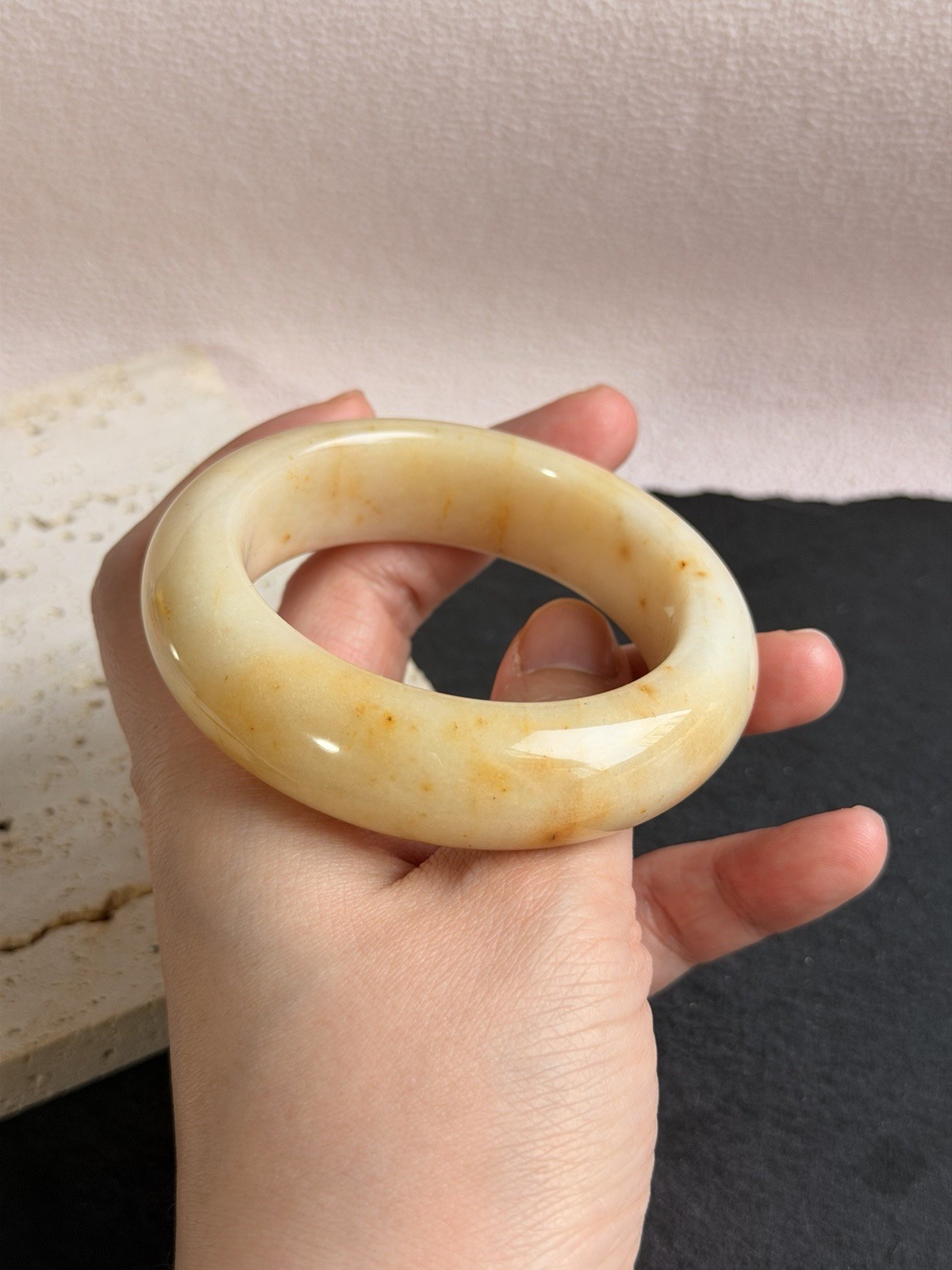 Natural Shoushan Jade Bangle 53.8mm Cream Ivory Jade with Honey Gold Inclusions