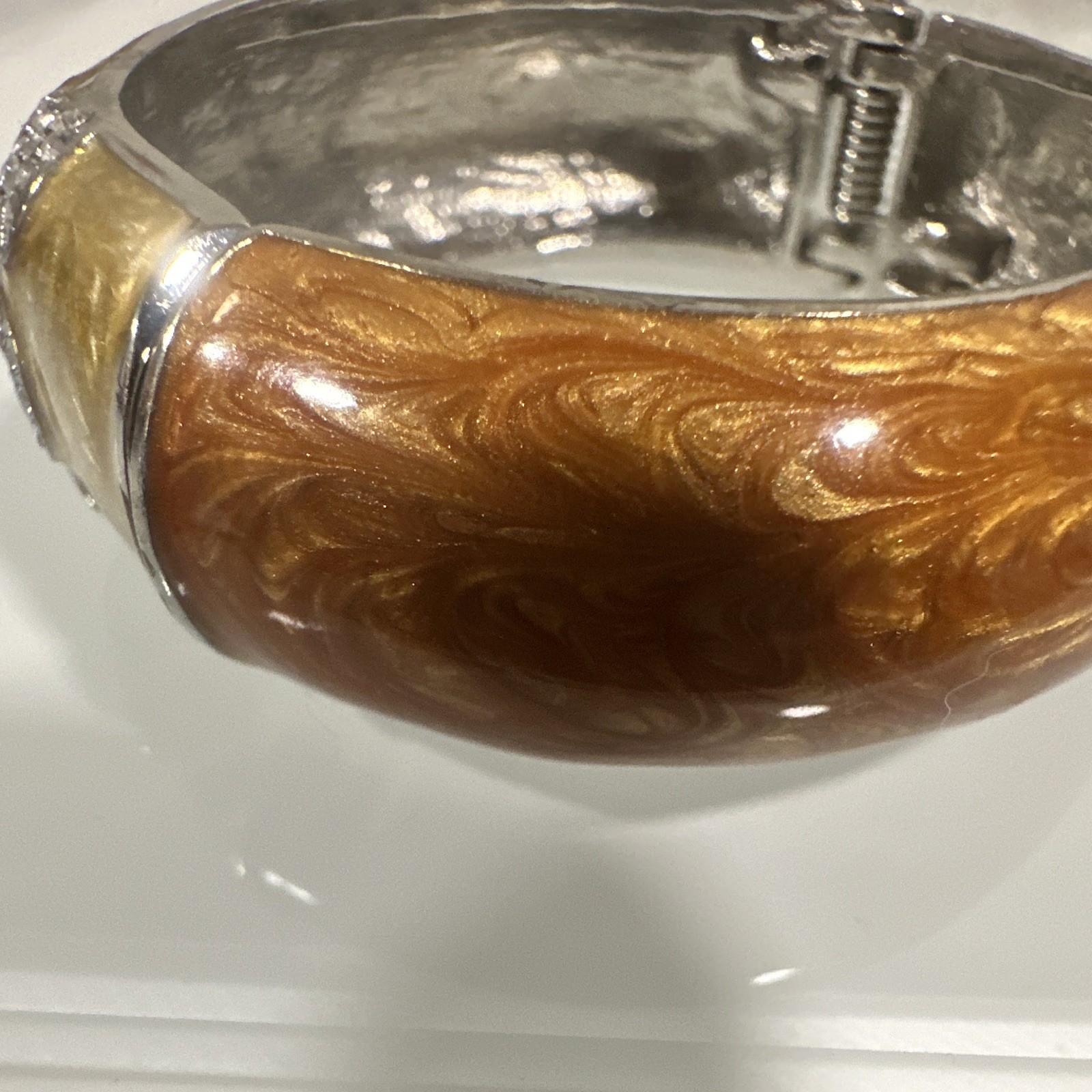 Kirks Folly Signed Hinged Enamel Bangle Bracelet Crystal Gold Orange Silver