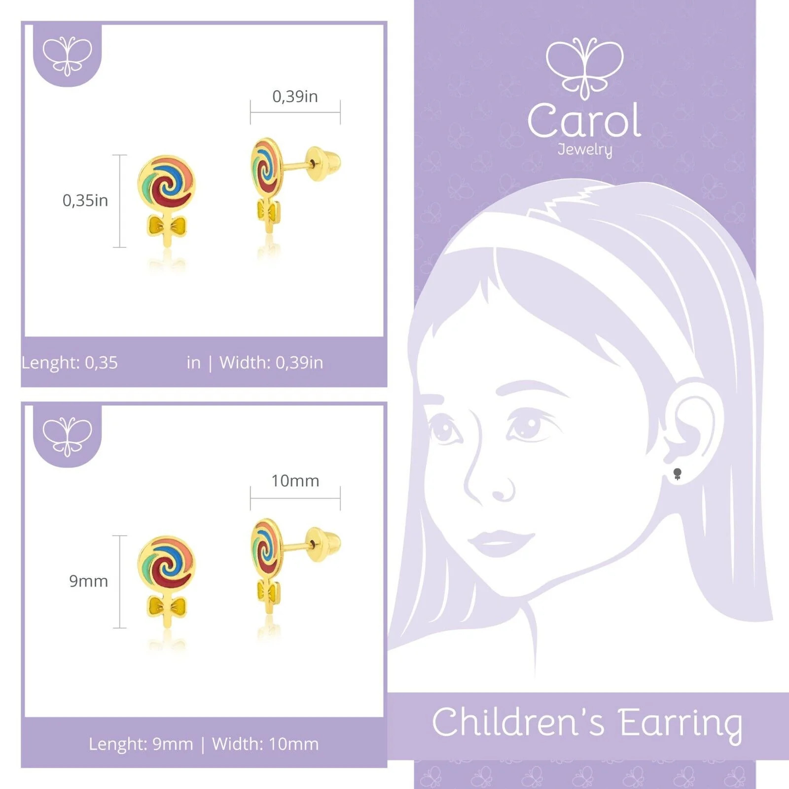 Lollipop 18k Solid Gold Enamel Push Back Stud Earrings for Toddlers Children