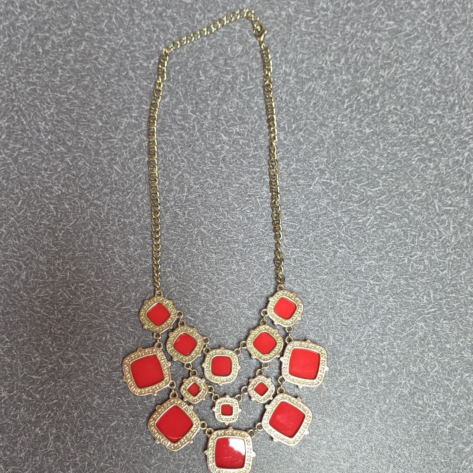 Red & Gold Tone Metal Statement Bib Necklace Cable Chain Fashion Costume