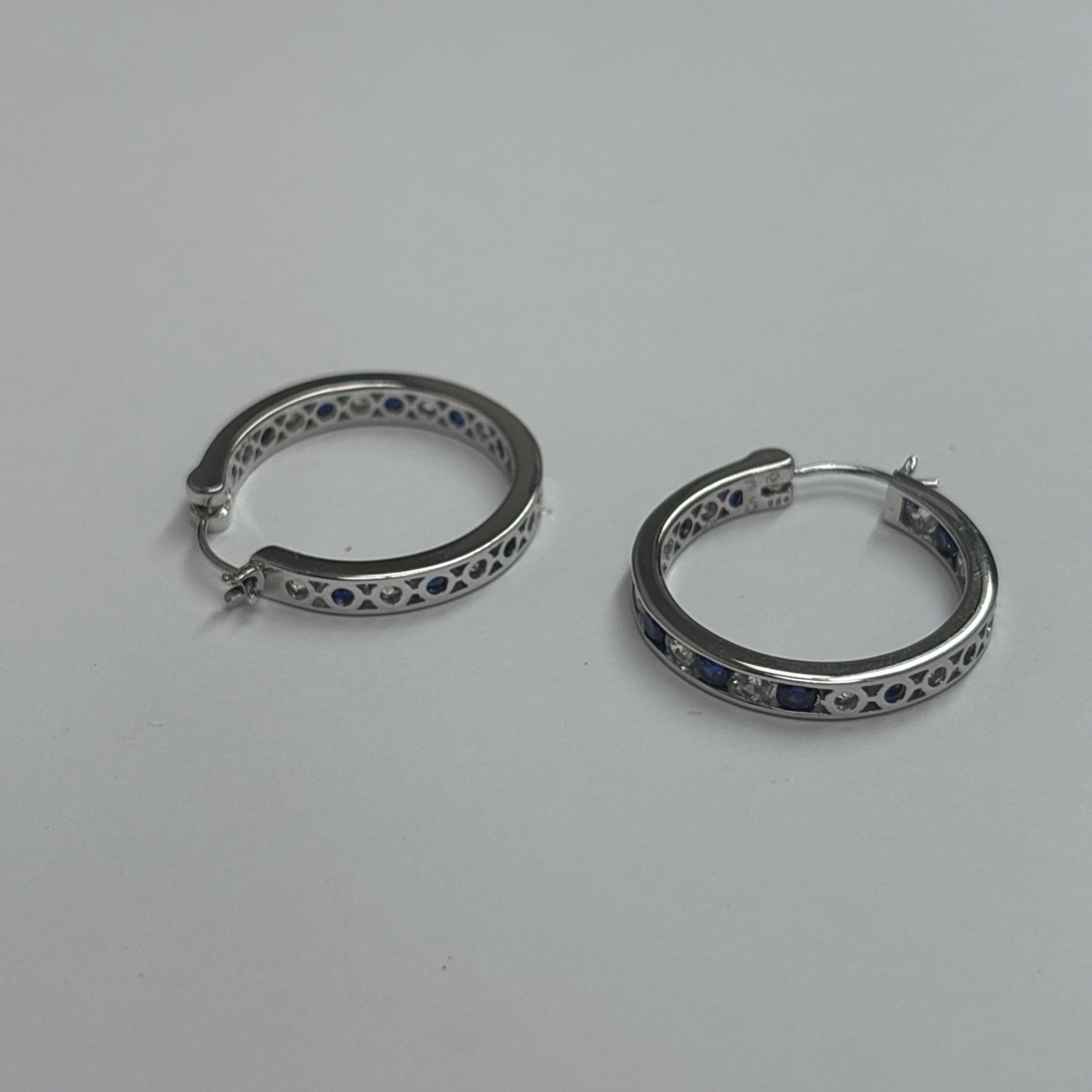 Women’s Earrings Blue And Whit Cz Stones Hoop Style As Is 925 Silver