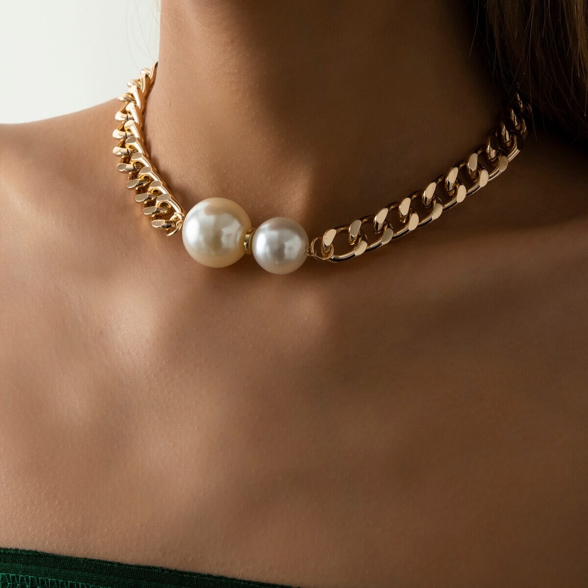 Women’s Fashion Jewelry Gold Pearl Thick Choker Chain Necklace 1-159