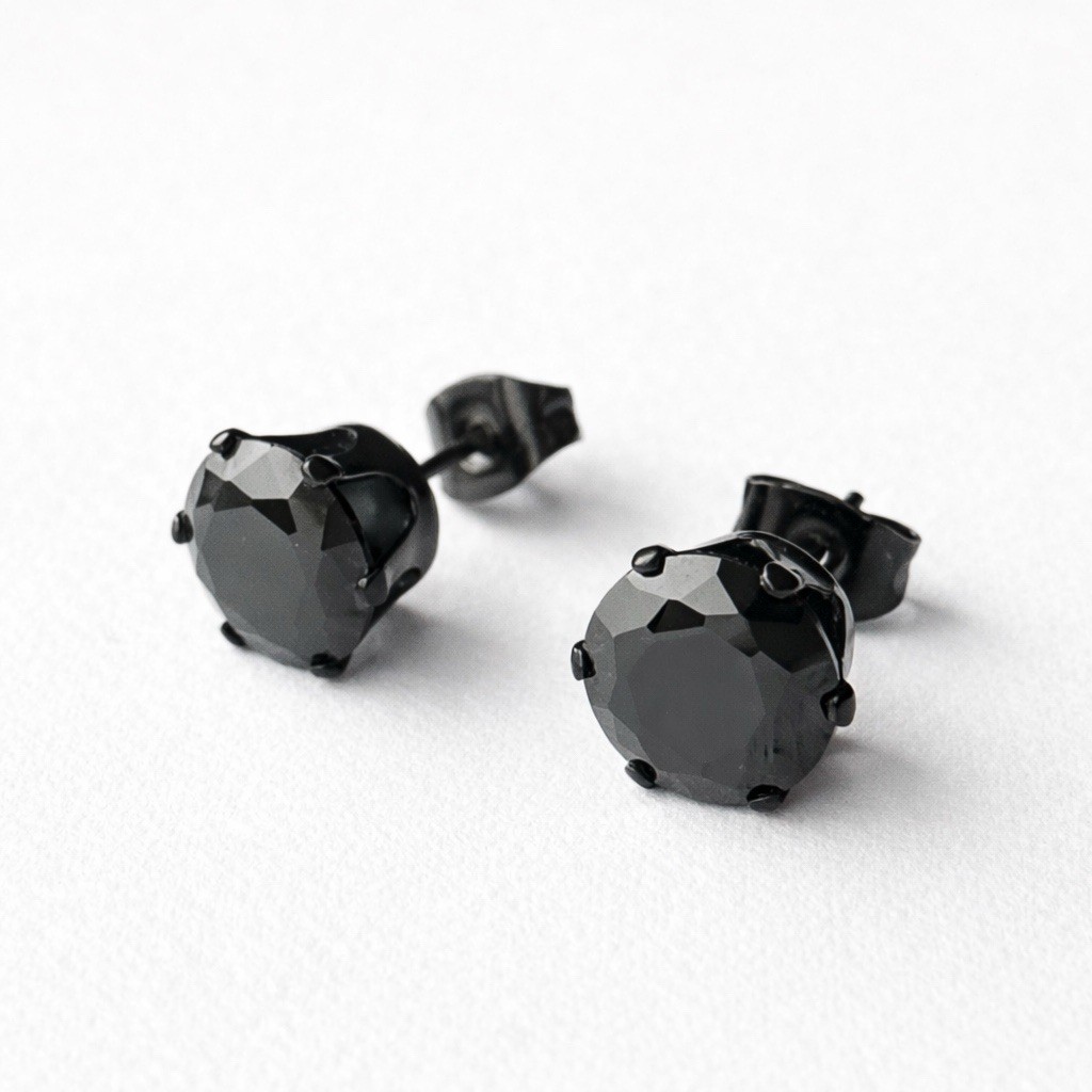 Black CZ Stud Earrings Stainless Steel Unisex Round Minimalist Hypoallergenic