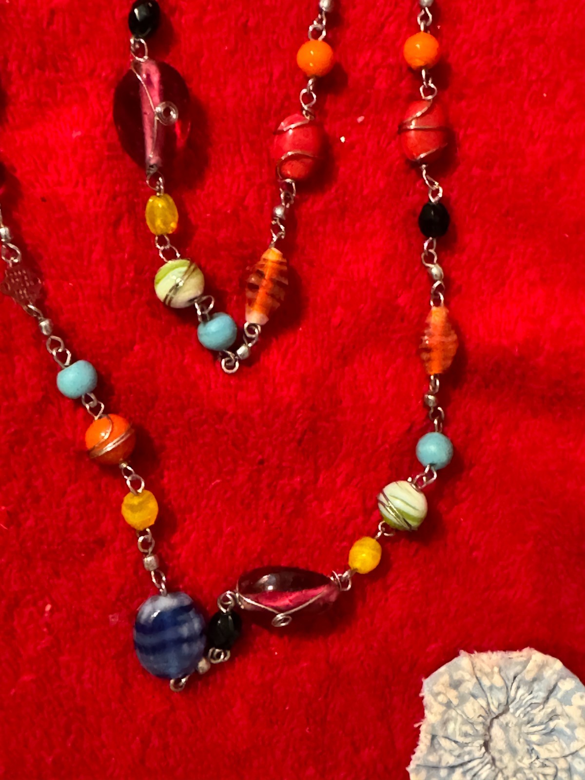 Multicolor Glass Beads and Silvertone Metal Between The Beads Very Long Necklace