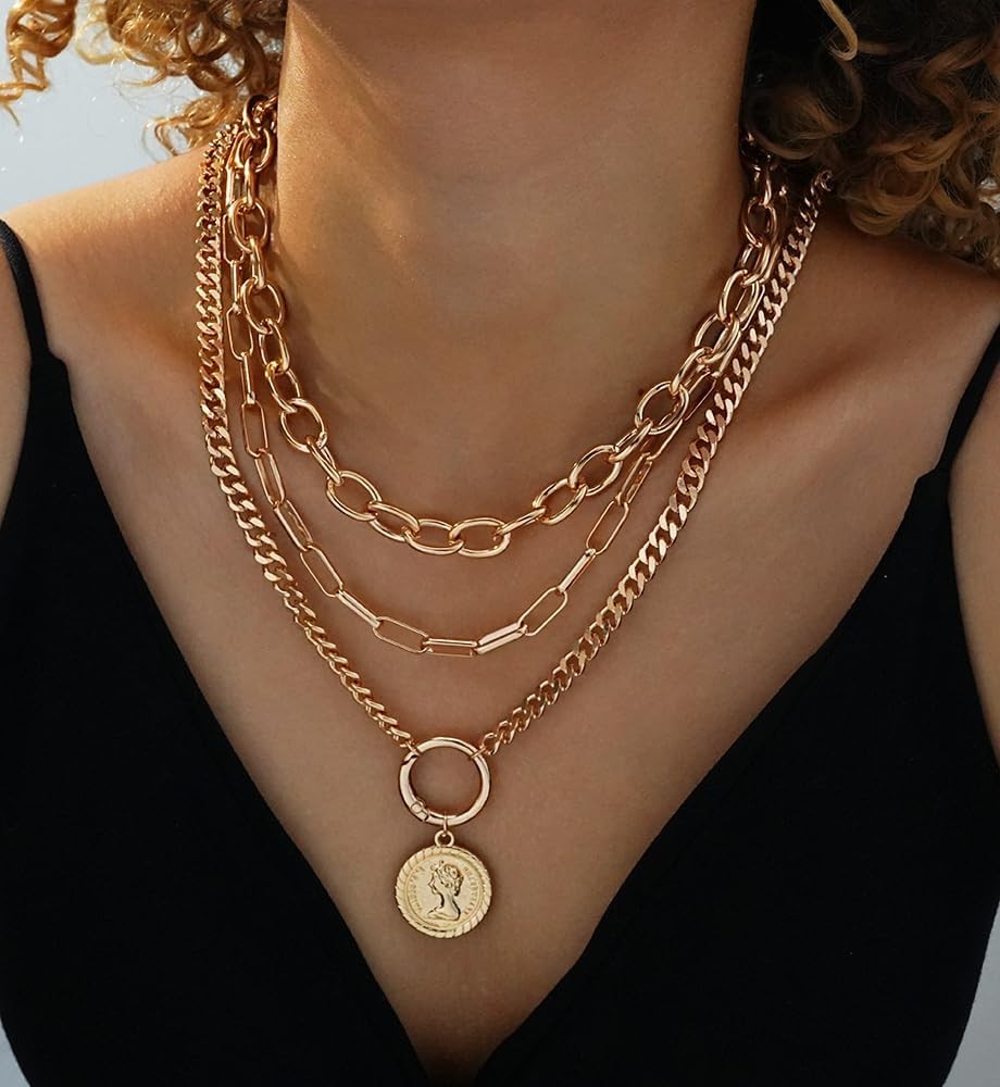 iF YOU Vintage Gold Layered Necklaces for Women Trendy, Chunky Cuban Link Paperc
