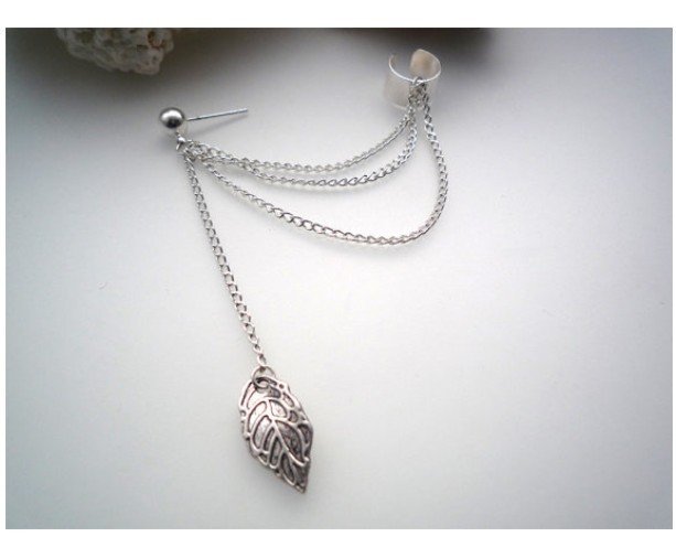 Women Punk Rock Leaf Chain Tassel Dangle Ear Stud Cuff Wrap Earring Eardrop P29