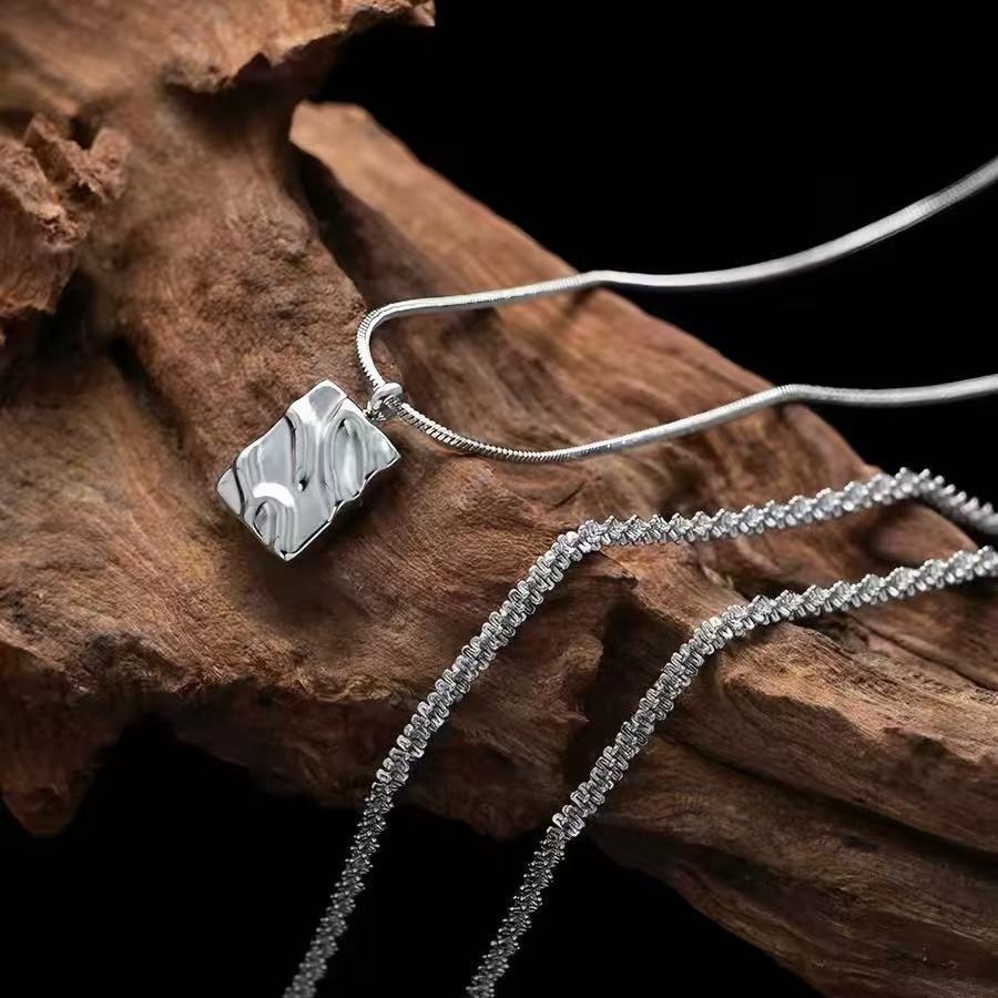 Stainless Double Layer Square Pendant Necklace Snake Men Minimalist Choker