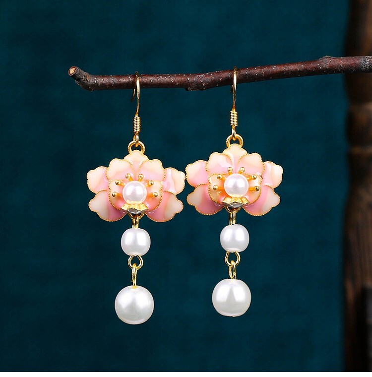 Enamel Pearl Drop Dangle Earrings Boho Flower Dainty Gemstone 18K Gold Plated