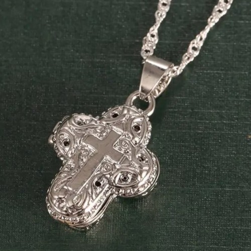 Silver-Tone Metal Alloy CROSS Pendant Necklace Locket ~ Singapore Twisted Chain