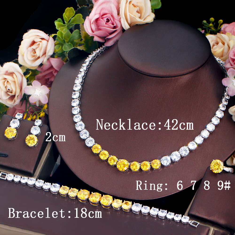 Silver Plated CZ Yellow Big Round Wedding Jewelry Necklace Earrings Bracelet Set