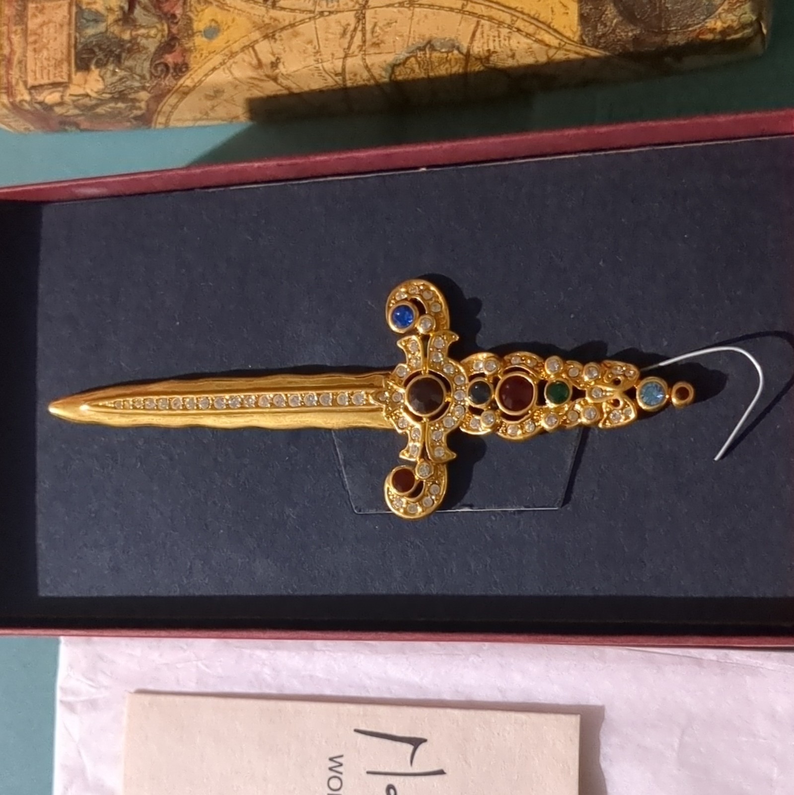 Mary McFadden Sword Brooch Pin Gold Tone Metal with Multicolor Stones