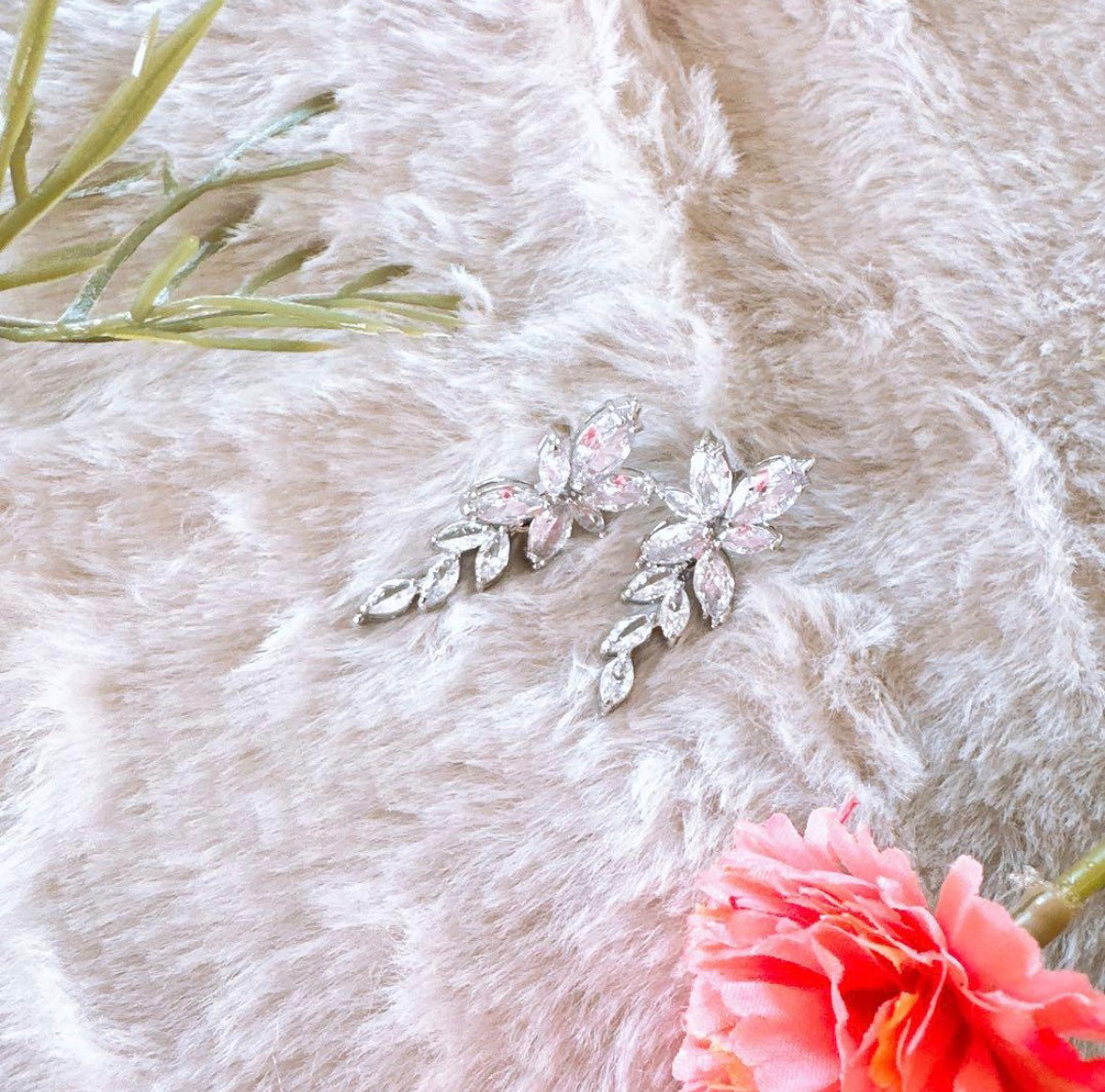 Crystal Floral Drop Earrings Bridal Wedding CZ Leaf Dangle Silver Women Jewelry