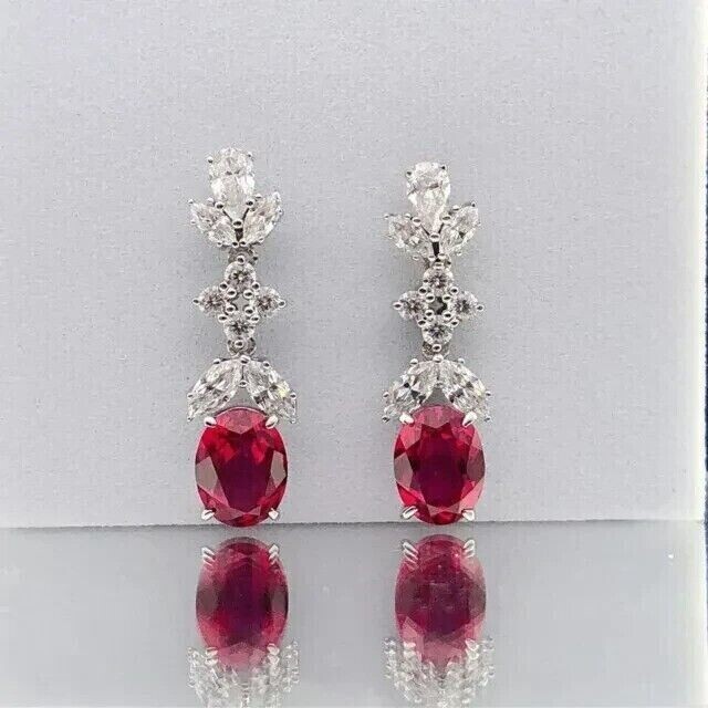 2.50Ct Oval Cut Simulated Red Ruby Pretty Drop Earrings In 14k White Gold Plated
