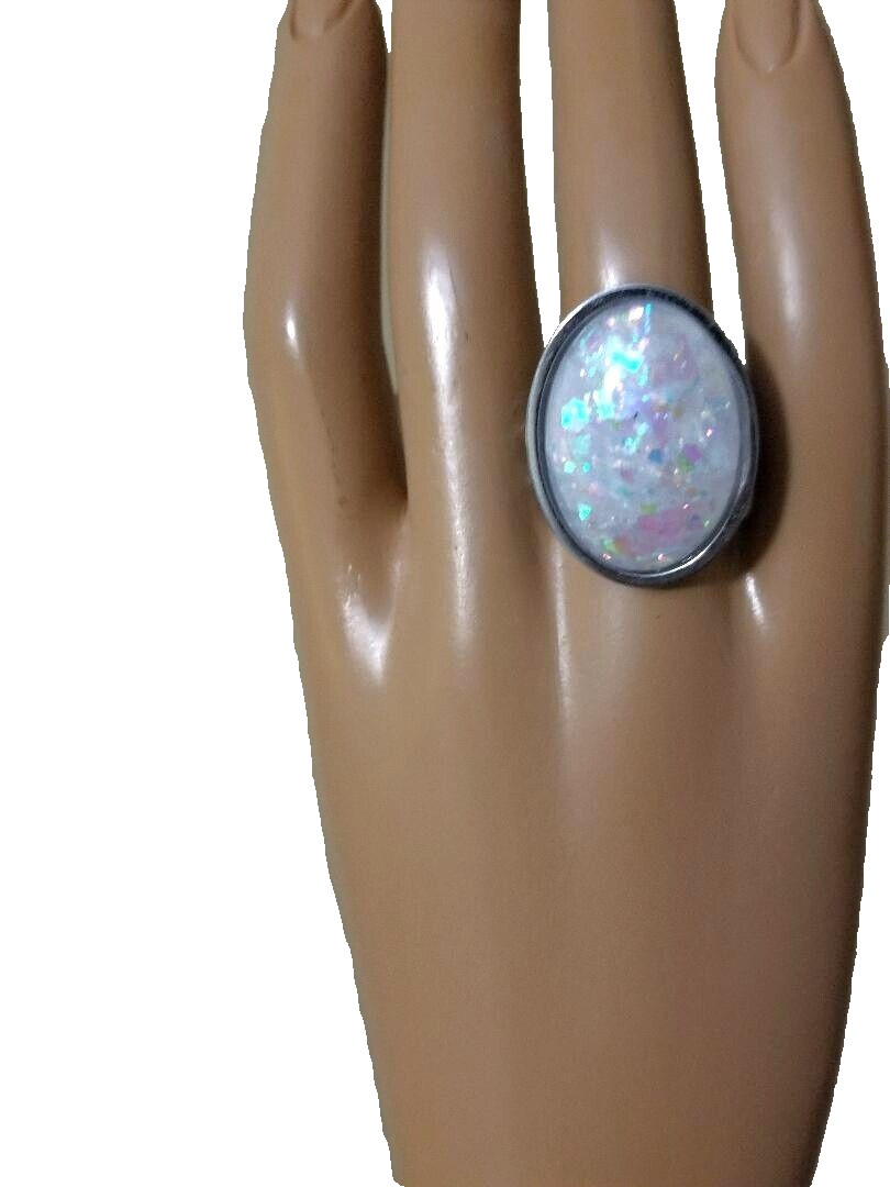 White Opal Ring – Resin Fiery Opal Ring 18 x 25mm in Double Stainless-Steel Band