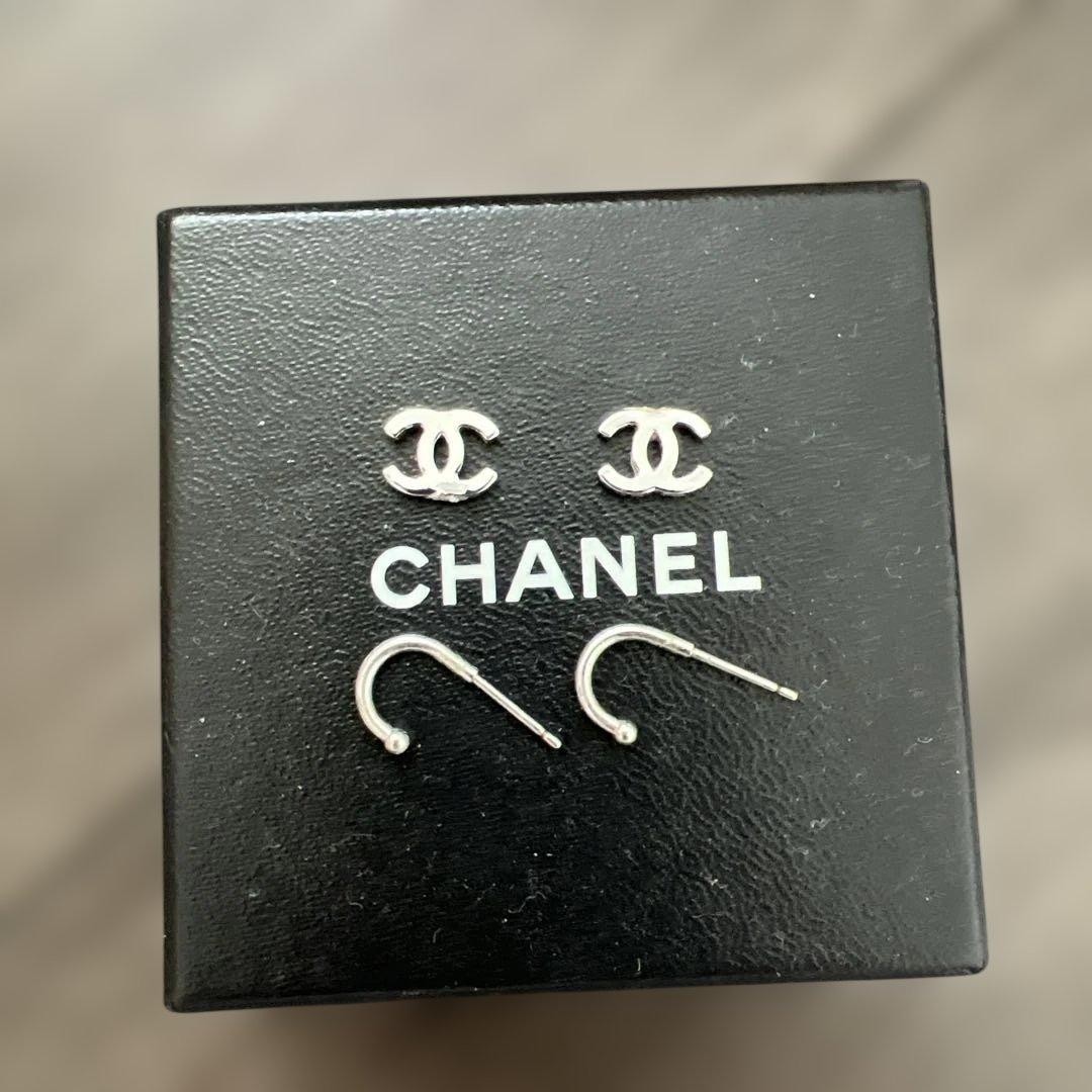 CHANEL Coco Mark Silver Stud Earrings Hoop Only No Backings Damaged