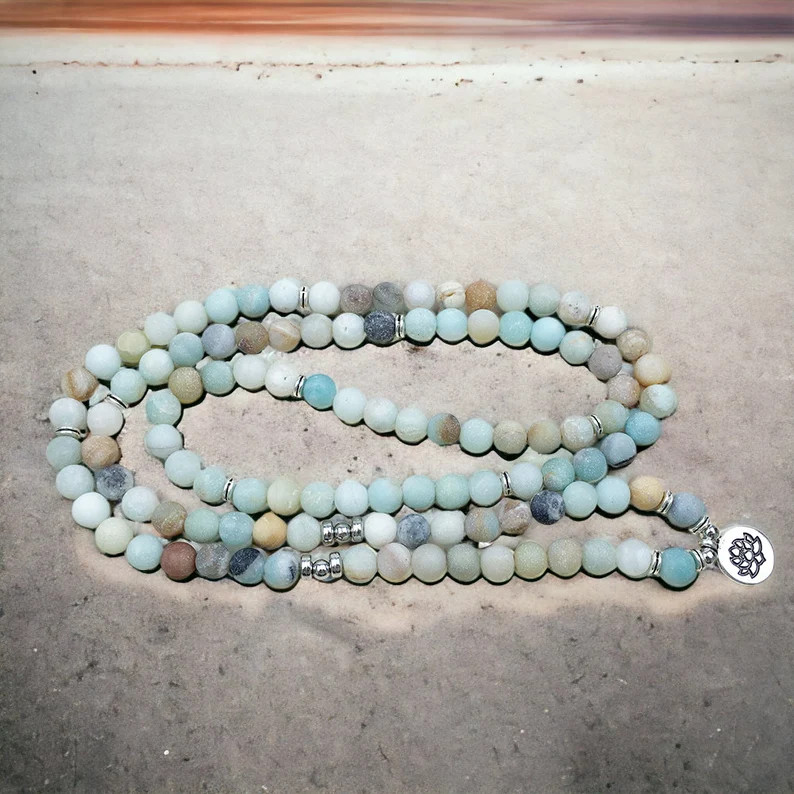 Natural Amazonite 108 Mala Beads Necklace Lotus Healing Wrap Bracelet Gift