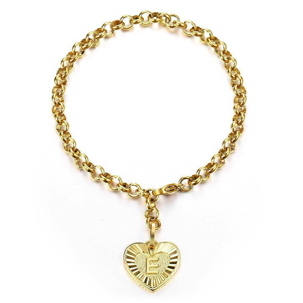 Women Gold Plated Stainless Steel Bracelet Heart Charm 8 inch 5mm Cable Chain