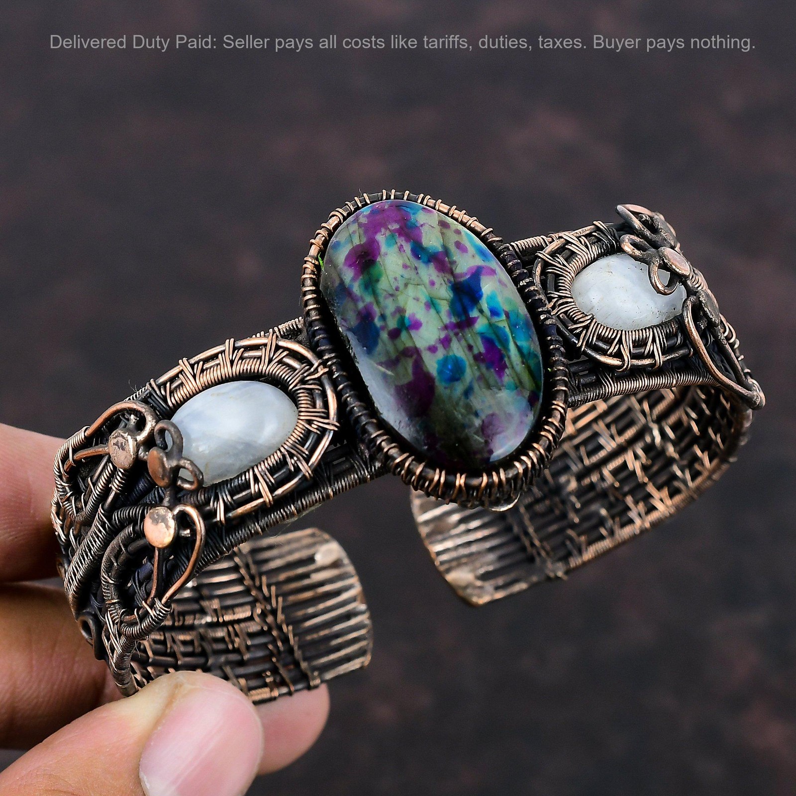 Copper Natural Multi Fire Labradorite Rainbow Moonstone New Wire Wrapped Bangle