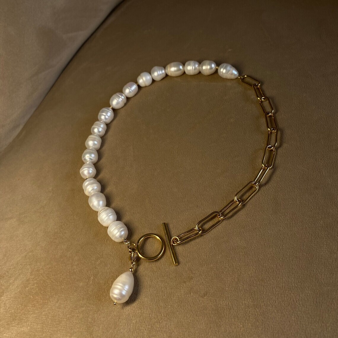 Half Baroque Pearl & Half Chain Necklace For Women