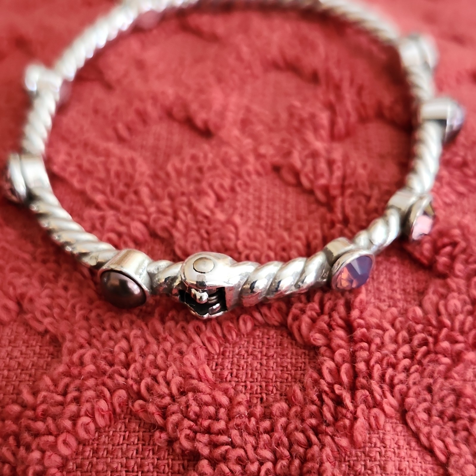 Brighton Silver Tone Bangle Bracelet Purple Crystal Bezel Stations Box Clasp