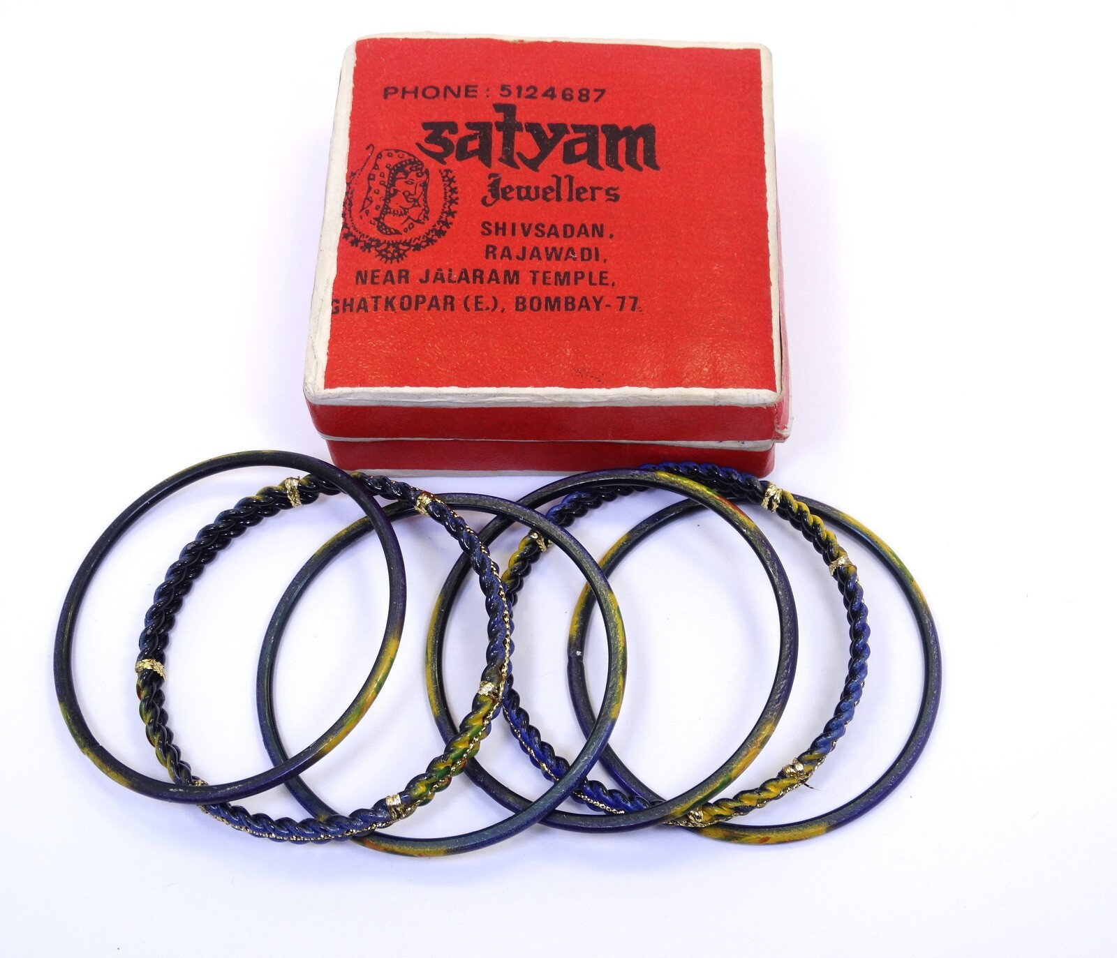 Vintage Old Indian Ceramic/Blue Enamel SATYAM Jewellers India 6pc Bangle Set