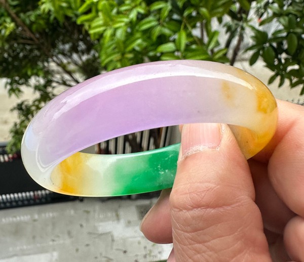 Natural Grade A Jadeite Bangle Tri-Color Green Lavender Yellow Burmese Jade 54mm