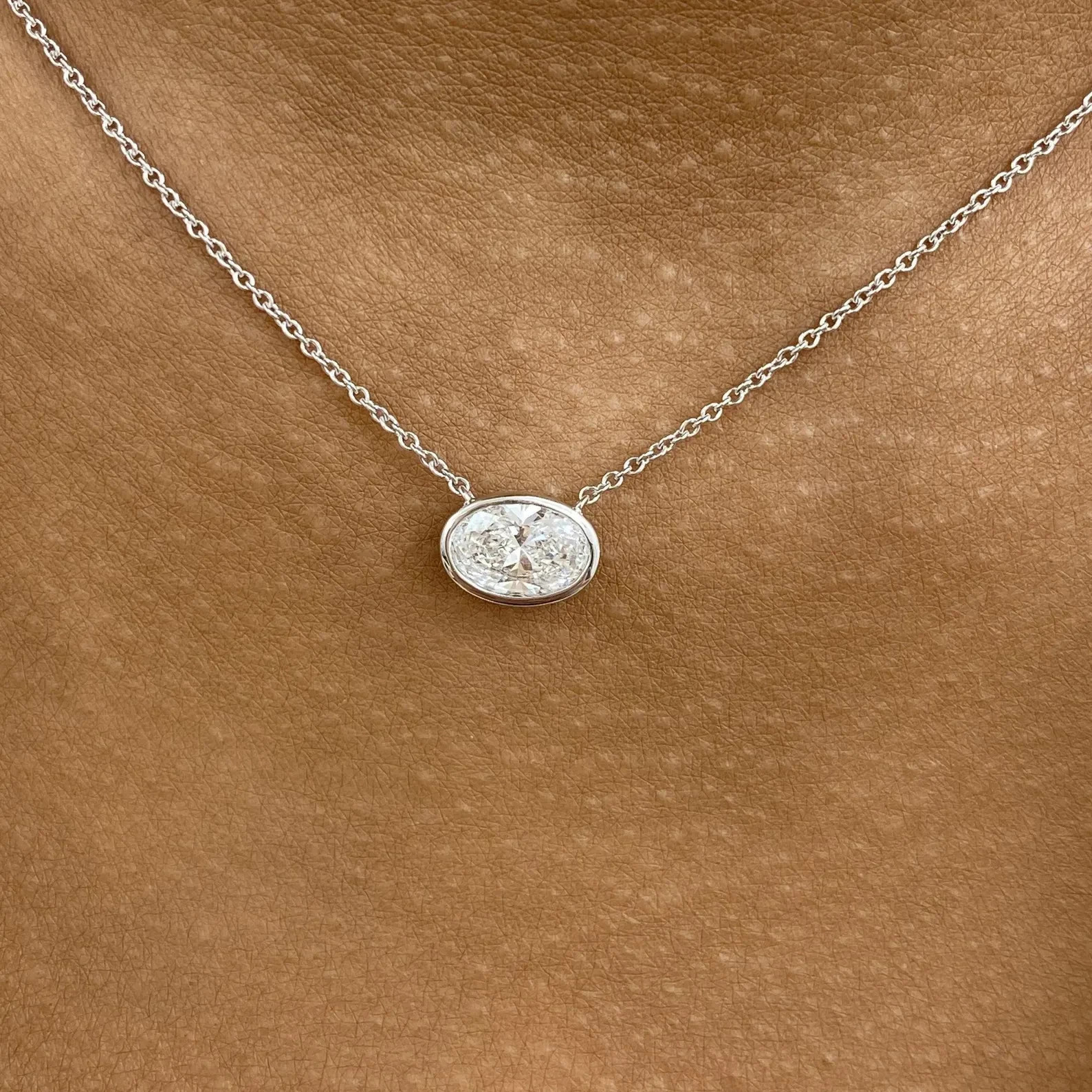 1.00 Ct Oval EF VS Lab Grown Diamond Bezel Solitaire Necklace in 14K White Gold
