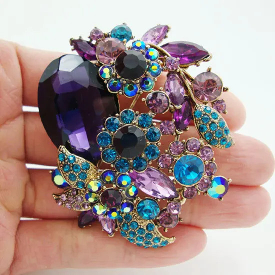 Gorgeous Purple Flower Leaf Rhinestone Crystal Brooch Pin Pendant