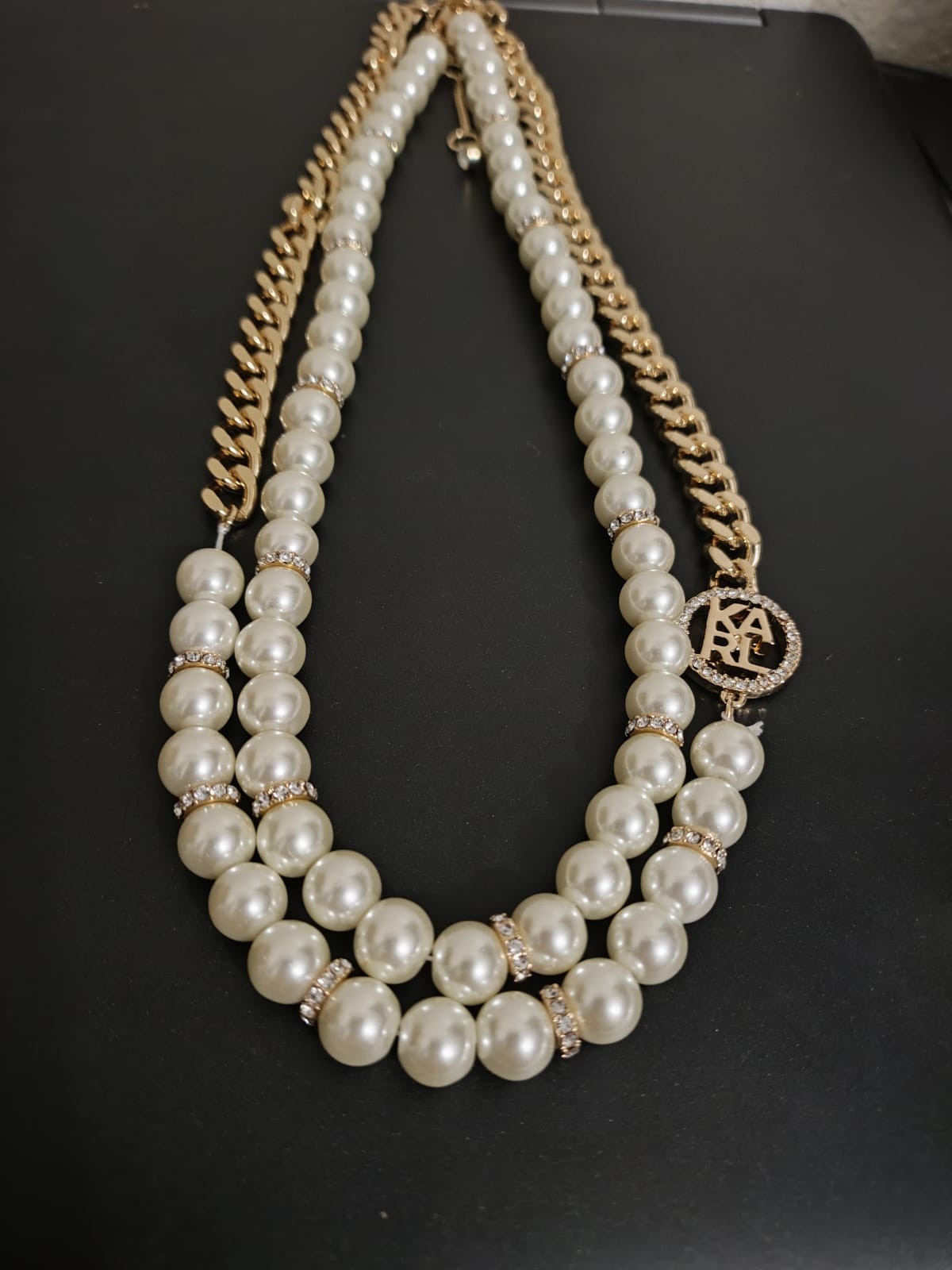 KARL LAGERFELD PARIS Gold-Tone Double Row Pearl Omega Necklace 16″+3″