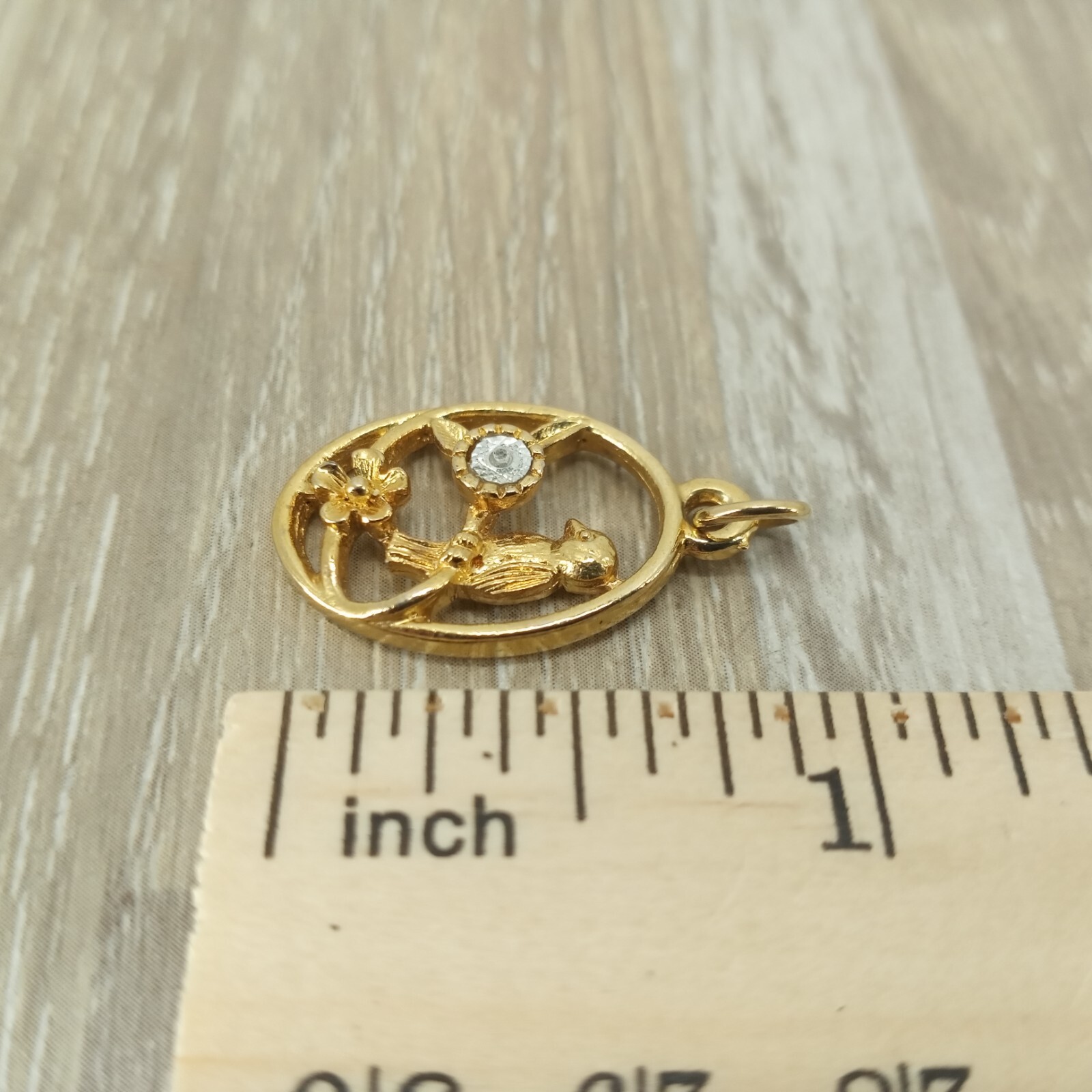 Vtg Bird on Branch Necklace Pendant Yellow Dainty Figural Jewelry