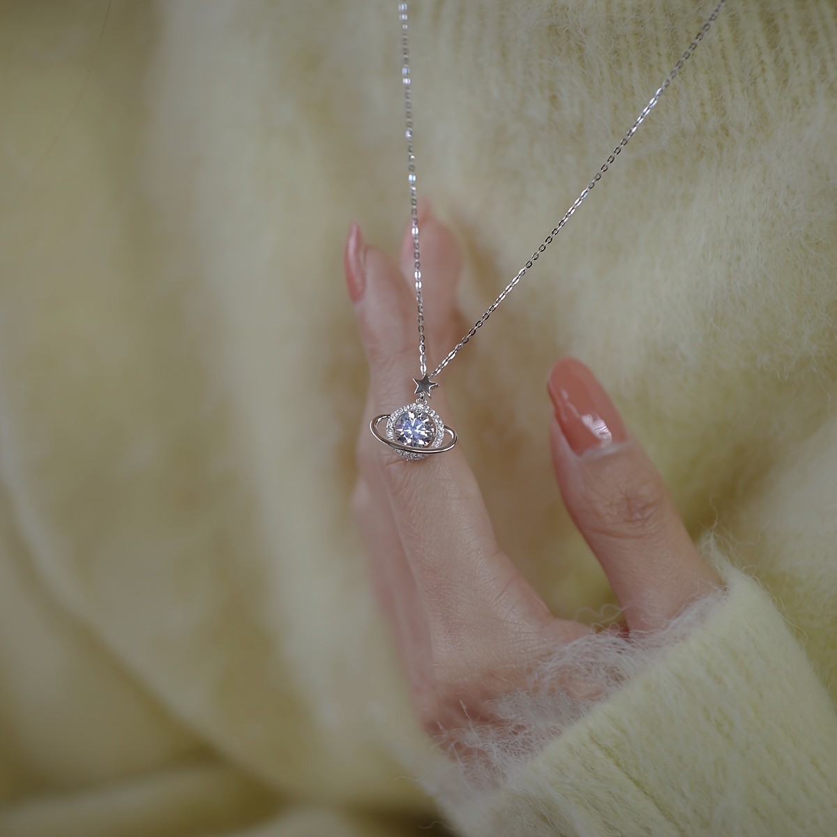 Saturn Planet Cubic Zirconia Pendant Necklace Star Celestial Dainty Gift