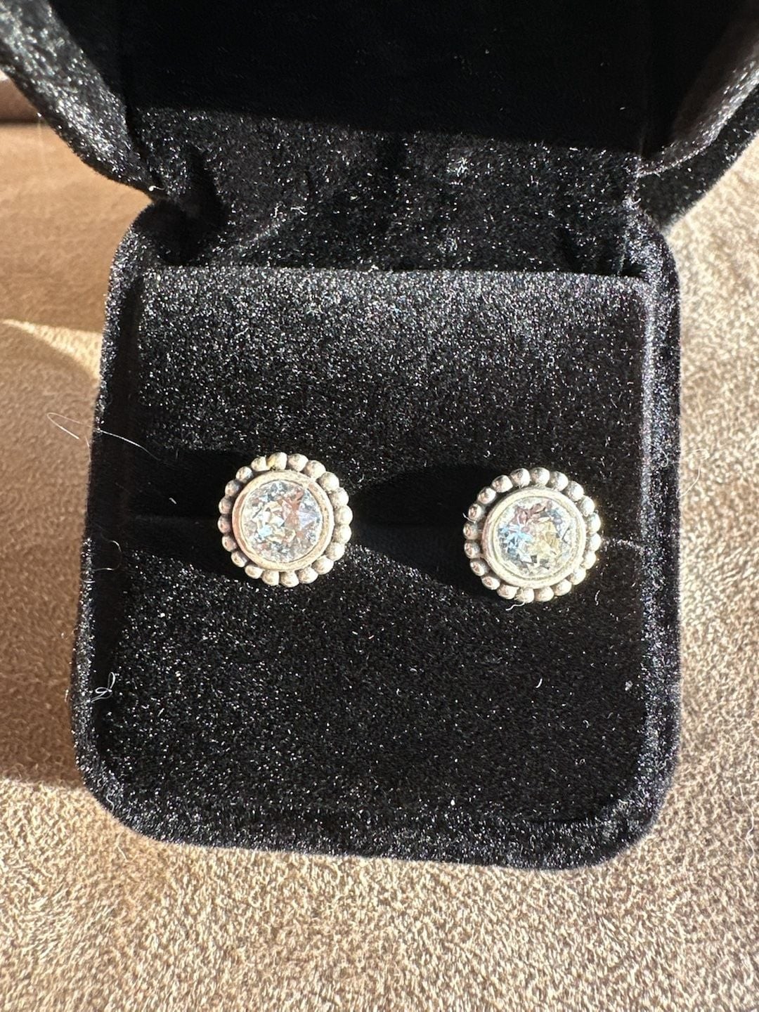 Sterling Silver Beaded Halo Stud Earrings with Round Cubic Zirconia