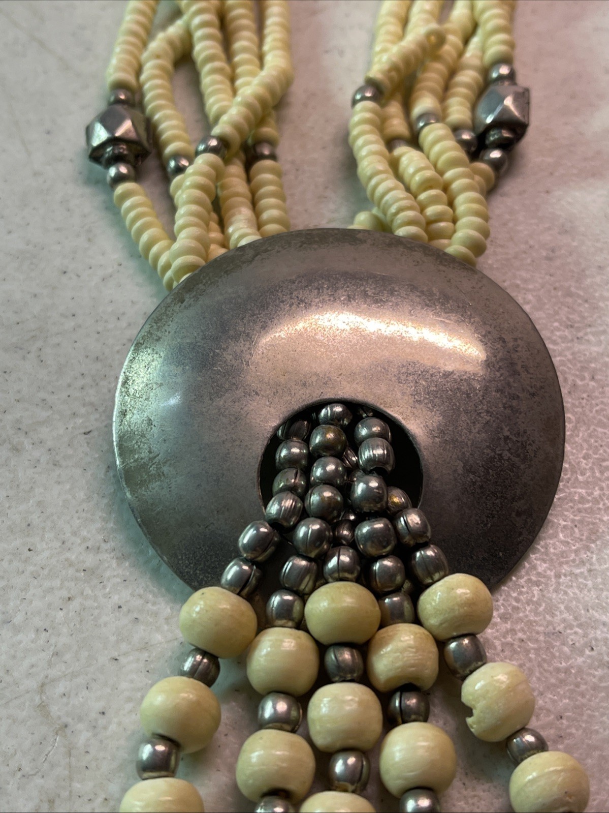 Multi Strand Cream/Silver Bead 19.5” Necklace Round Disk Native American Looking