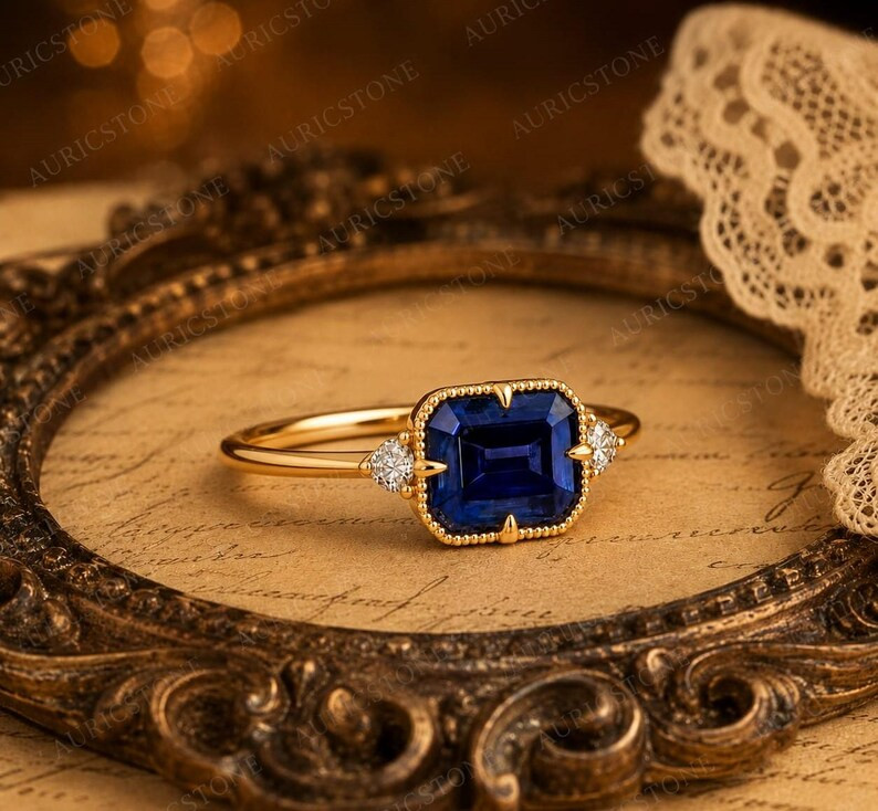 Lab Created Blue Tanzanite Ring, Base Metal: Brass Finish: Gold Plated, Gift