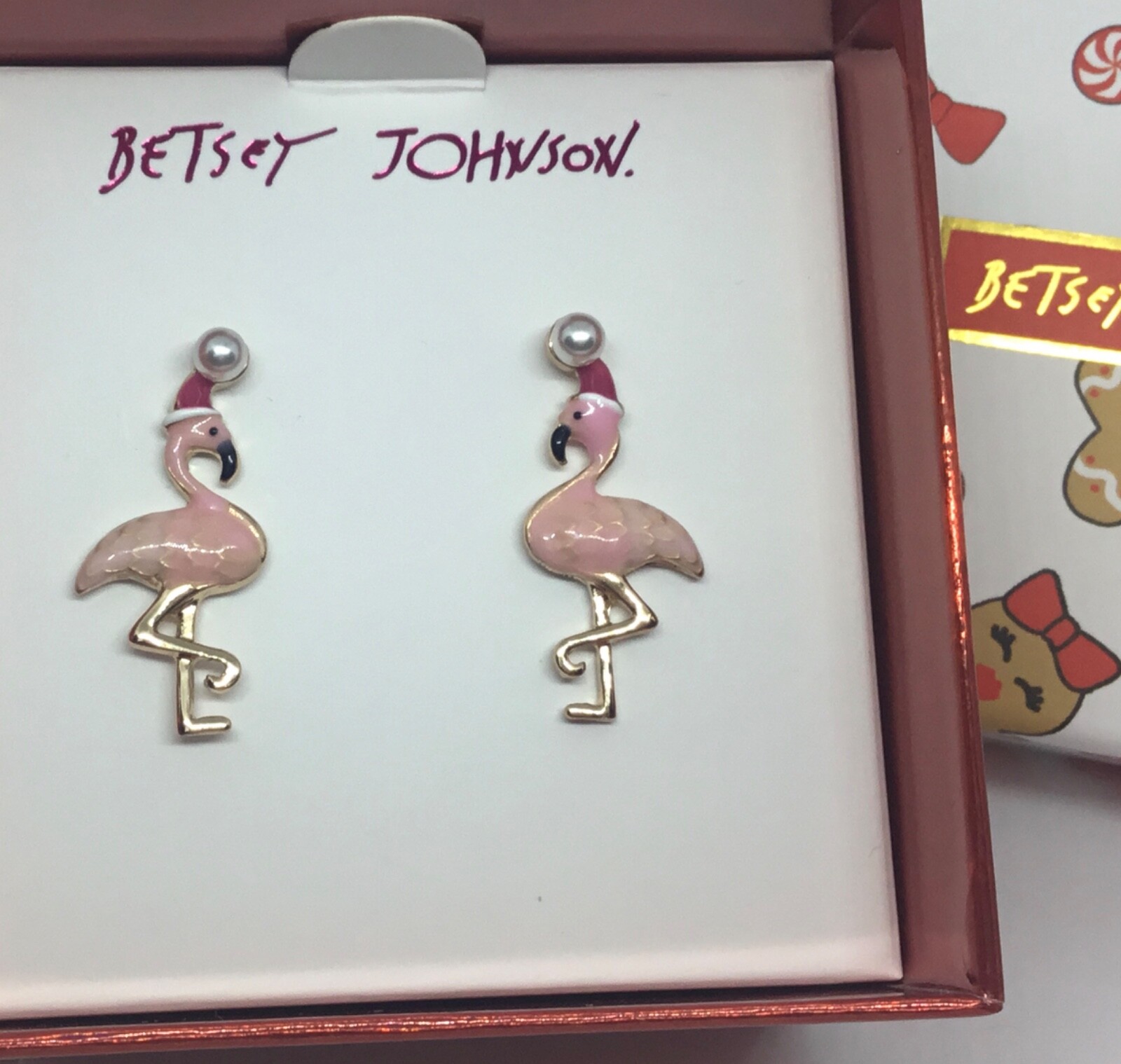 Betsey Johnson Signed Christmas Flamingo in Santa Hat Post Earrings NIB