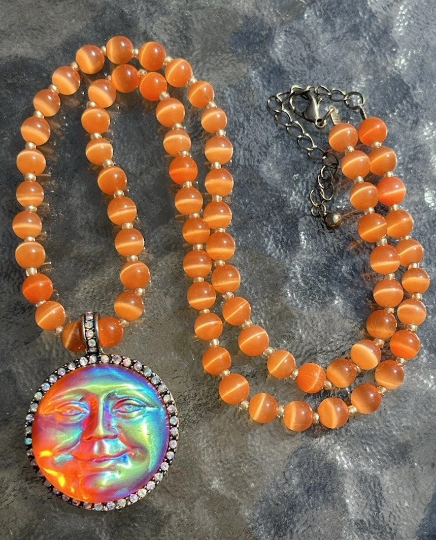 Kirk’s Folly Style Inspired Sea view Moon Face Orange Glow Necklace Rhinestone